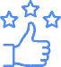 Blue outline thumbs-up icon with three stars, signaling high rating or approval.